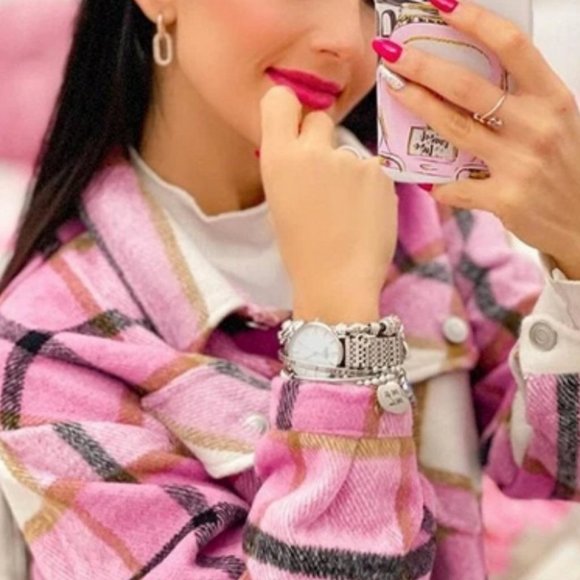 Casual Plaid Flap Pocket detailed button down pink Overshirt - Picture 11 of 16